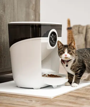 Image: Whisker Whisker Feeder-Robot automatic pet feeder, black base with smoke hopper, front view, photo 8 of 8