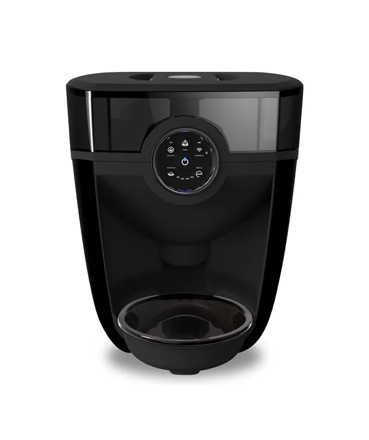 Whisker Feeder-Robot automatic pet feeder, black base with smoke hopper, front view, photo 5 of 8