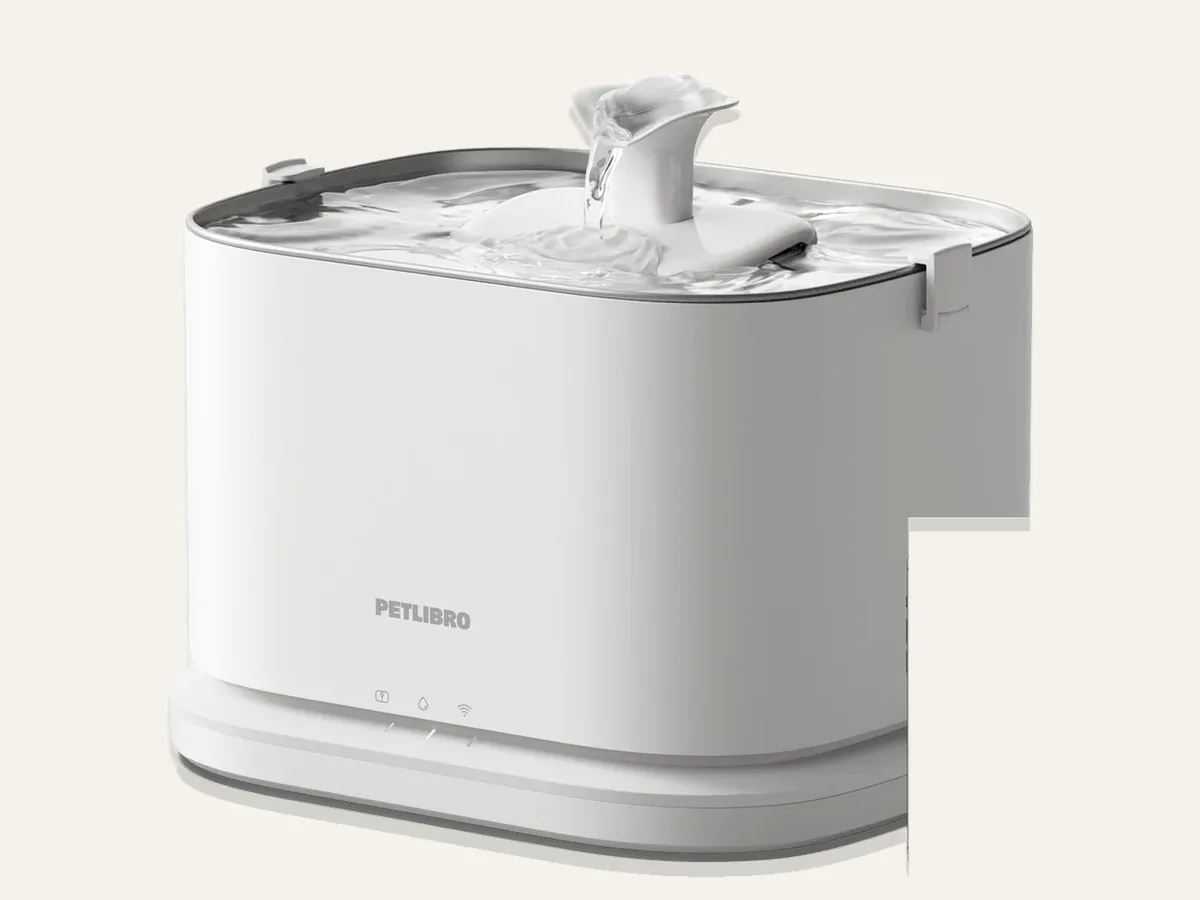 Petlibro Dockstream 2 Smart Fountain with detachable tank and stainless steel tray, front view